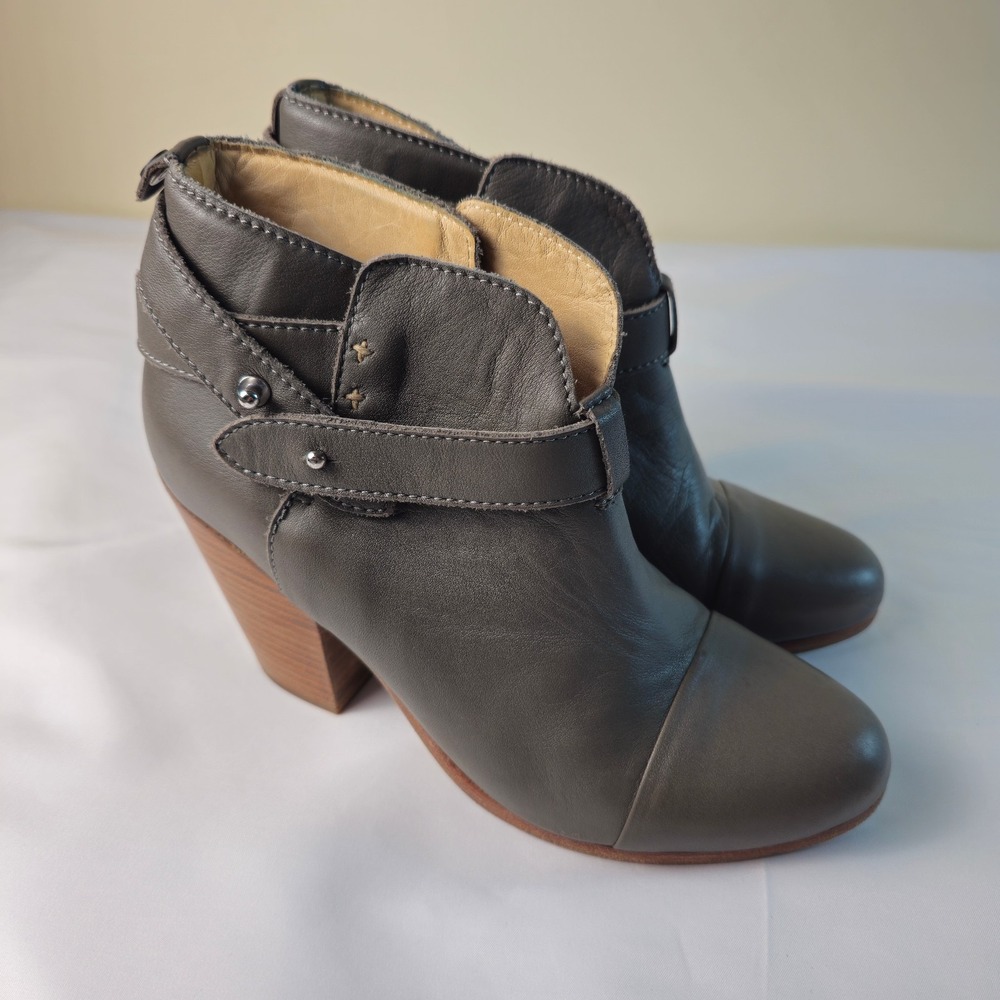 Rag & Bone | Harrow Gray Leather & Wood Block Heel Ankle Boots Size US6.5 EU37.5
